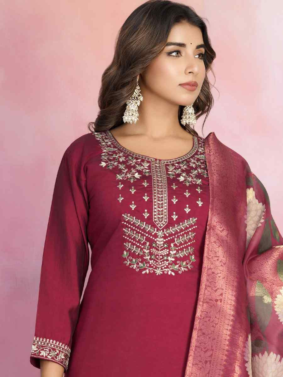 Maroon Viscose Chanderi Embroidered Party Wedding Ready Pant Salwar Kameez