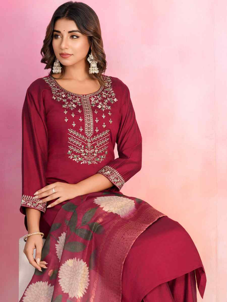 Maroon Viscose Chanderi Embroidered Party Wedding Ready Pant Salwar Kameez
