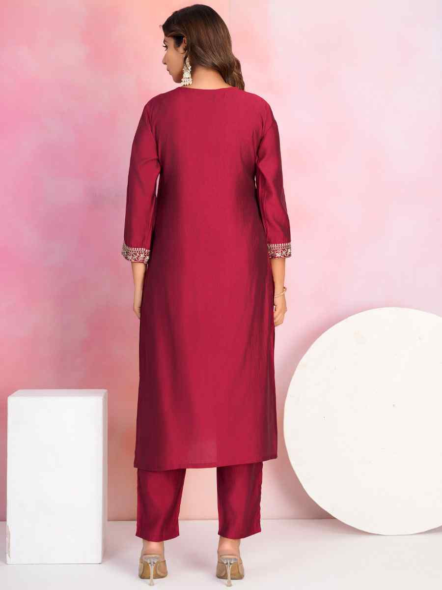 Maroon Viscose Chanderi Embroidered Party Wedding Ready Pant Salwar Kameez