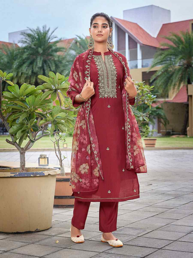 Image of Maroon Viscose Chanderi Embroidery Party Wedding Festival Casual Ready Pant Salwar Kameez