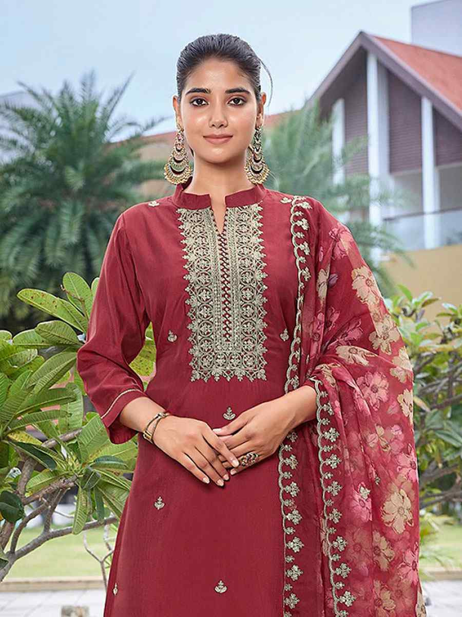 Maroon Viscose Chanderi Embroidery Party Wedding Festival Casual Ready Pant Salwar Kameez