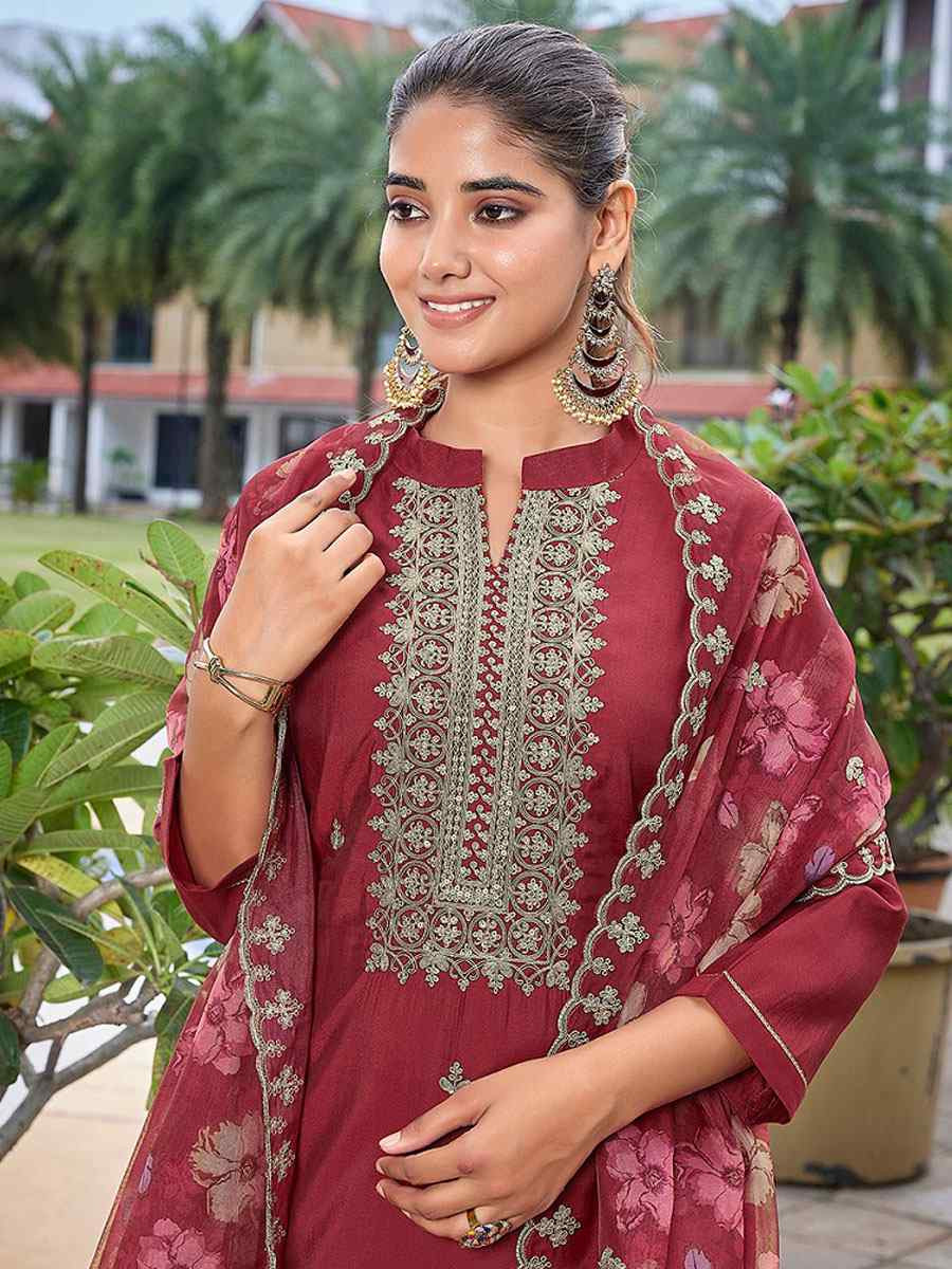 Maroon Viscose Chanderi Embroidery Party Wedding Festival Casual Ready Pant Salwar Kameez