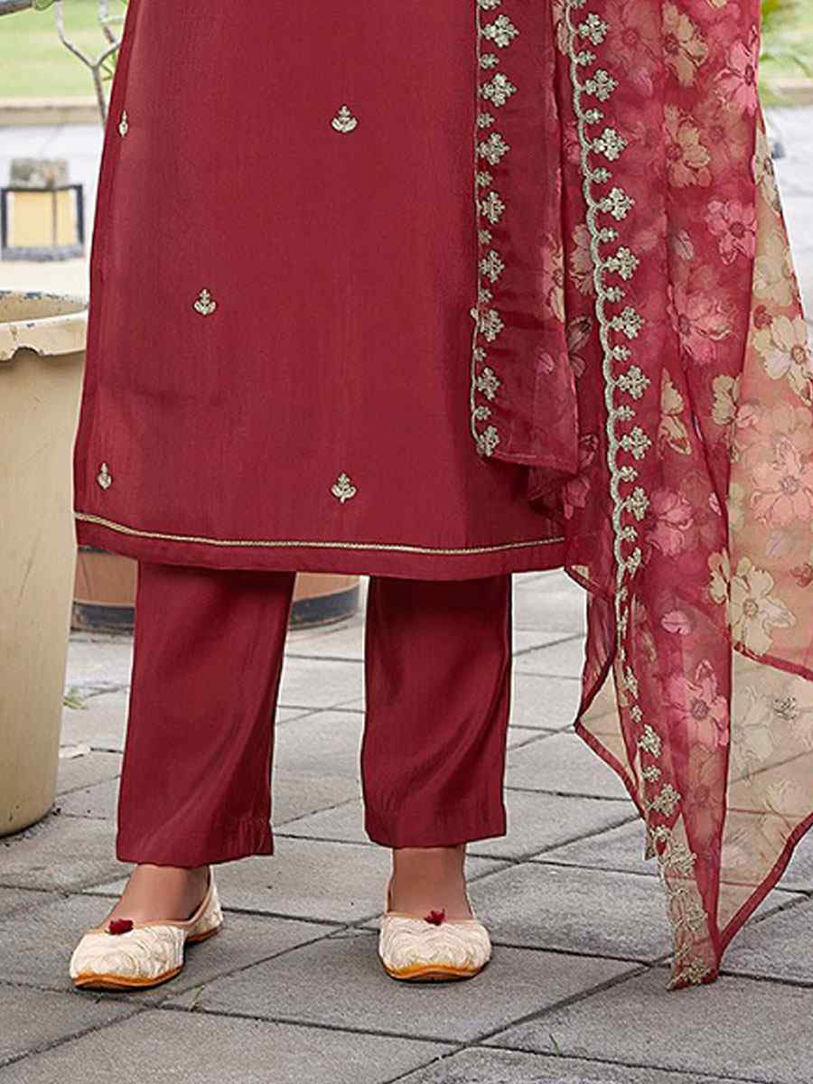 Maroon Viscose Chanderi Embroidery Party Wedding Festival Casual Ready Pant Salwar Kameez