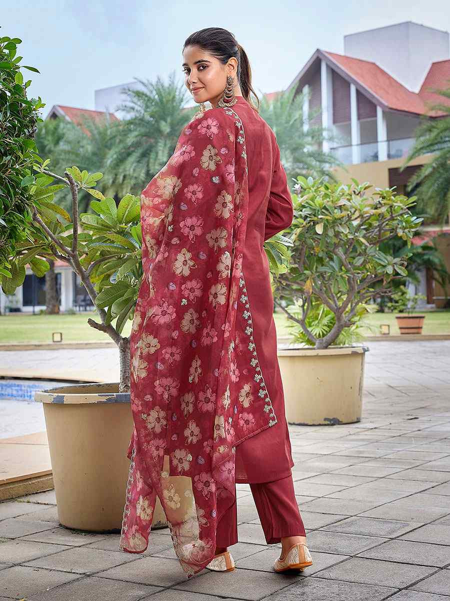 Maroon Viscose Chanderi Embroidery Party Wedding Festival Casual Ready Pant Salwar Kameez