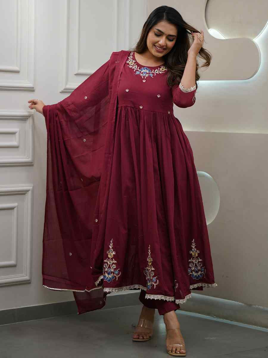 Maroon Viscose Embroidered Party Wedding Ready Pant Salwar Kameez