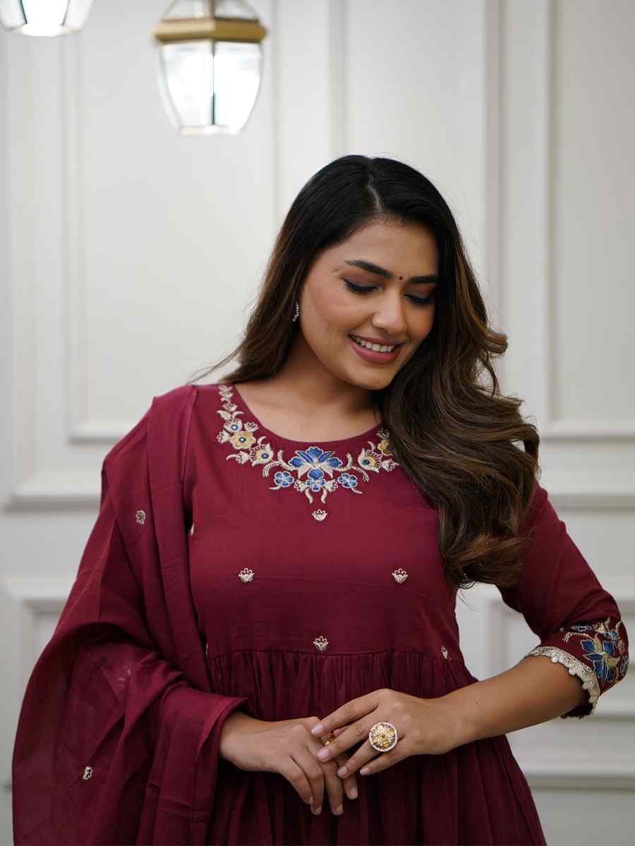 Maroon Viscose Embroidered Party Wedding Ready Pant Salwar Kameez