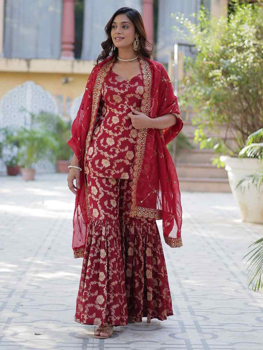 Maroon Viscose Georgette Jacquard Embroidered Festival Casual Ready Sharara Pant Salwar Kameez