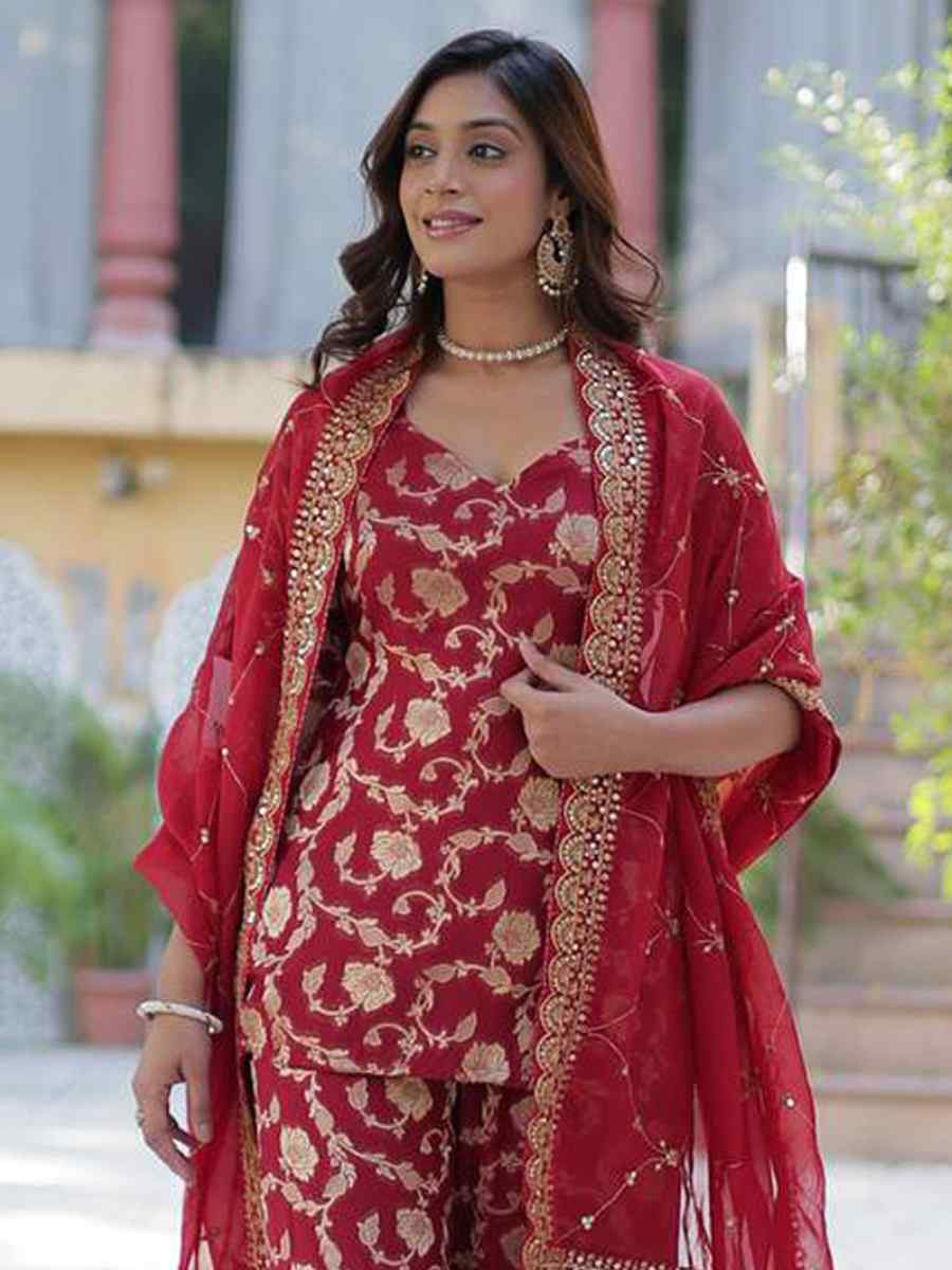 Maroon Viscose Georgette Jacquard Embroidered Festival Casual Ready Sharara Pant Salwar Kameez