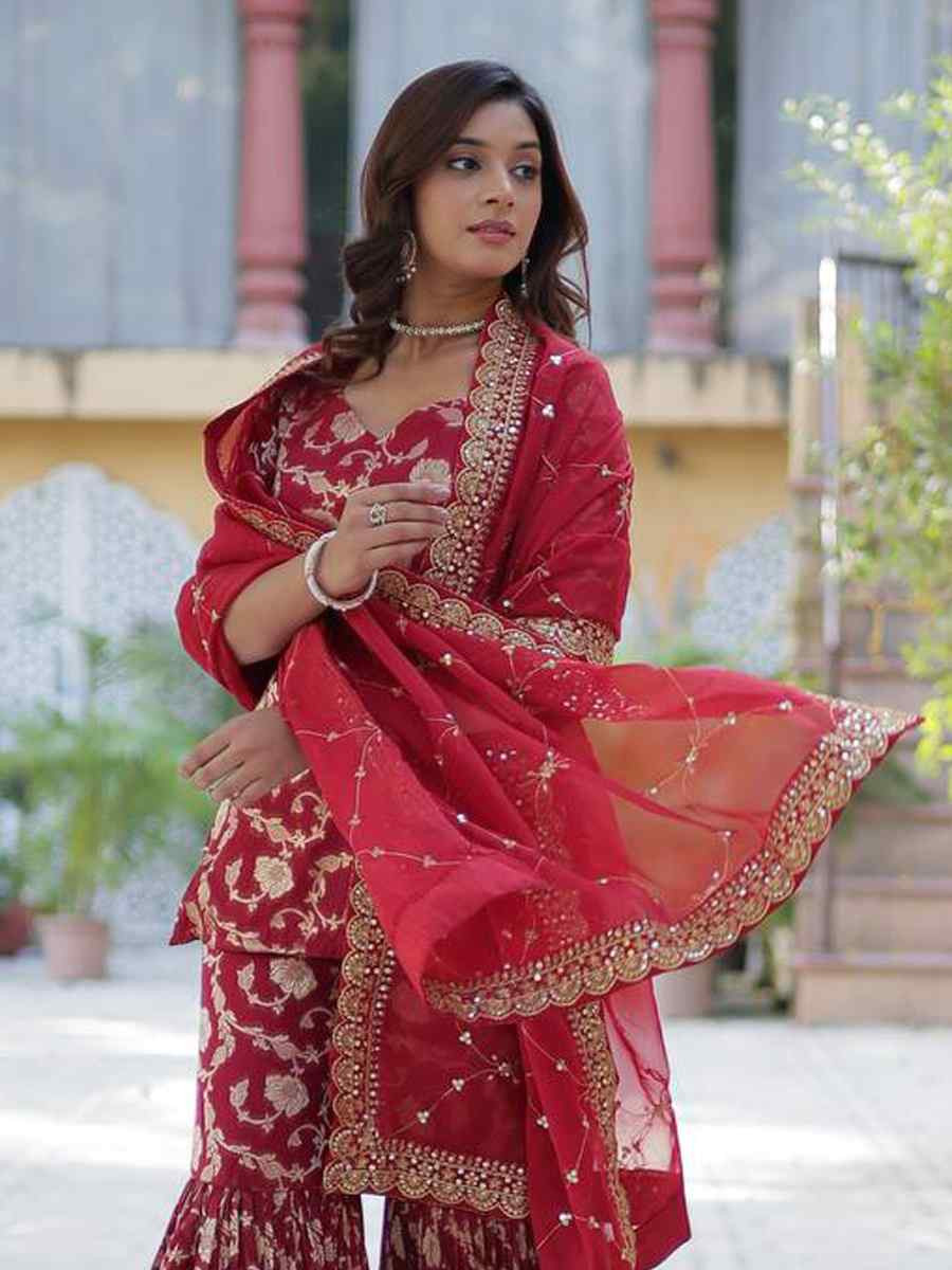 Maroon Viscose Georgette Jacquard Embroidered Festival Casual Ready Sharara Pant Salwar Kameez