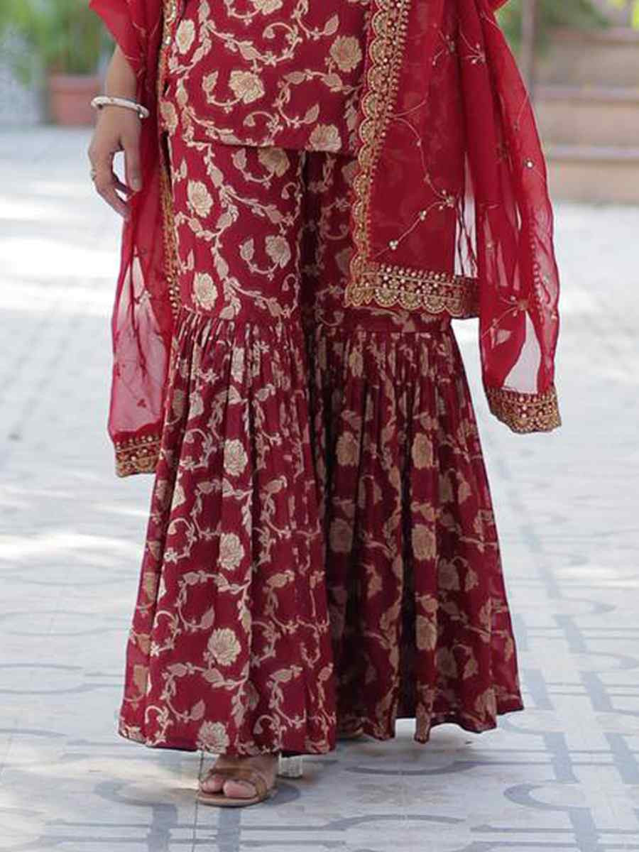 Maroon Viscose Georgette Jacquard Embroidered Festival Casual Ready Sharara Pant Salwar Kameez