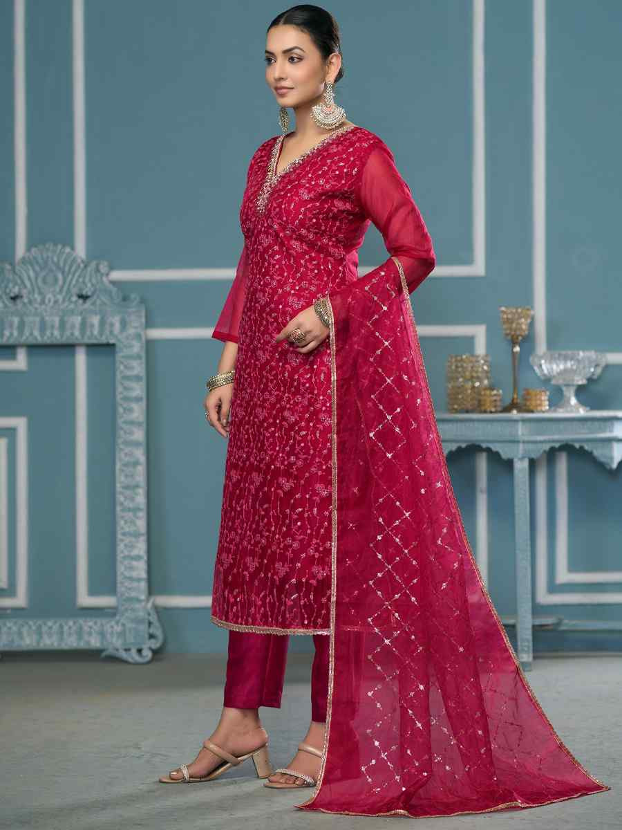 Maroon Viscose Organza Embroidered Wedding Festival Pant Salwar Kameez