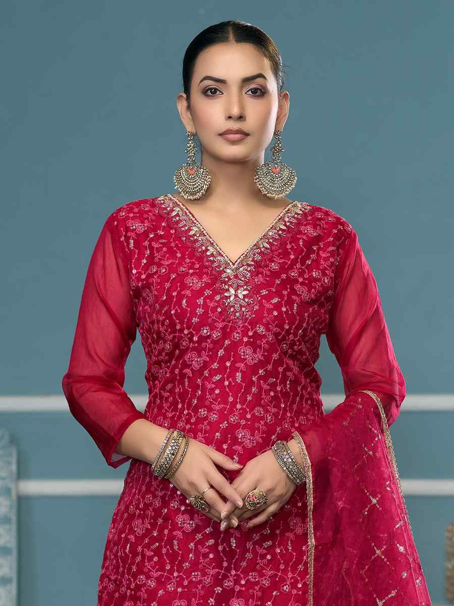 Maroon Viscose Organza Embroidered Wedding Festival Pant Salwar Kameez