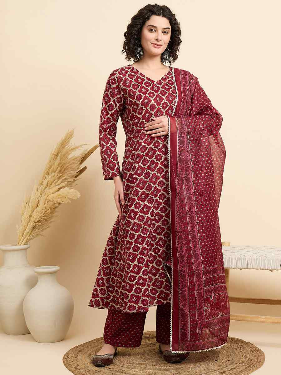 Maroon Viscose Printed Festival Casual Ready Pant Salwar Kameez