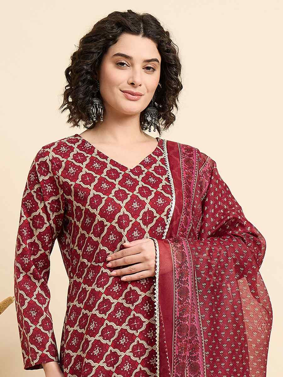 Maroon Viscose Printed Festival Casual Ready Pant Salwar Kameez