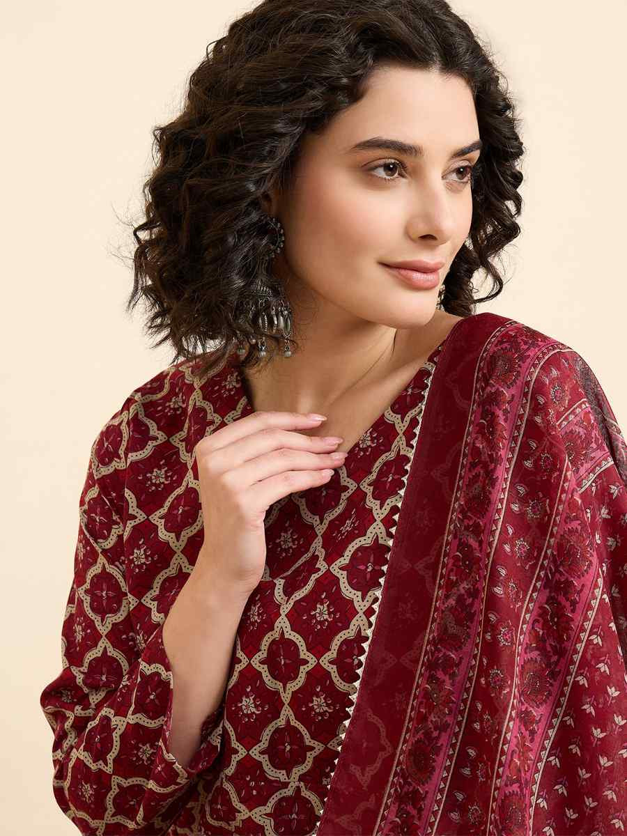 Maroon Viscose Printed Festival Casual Ready Pant Salwar Kameez