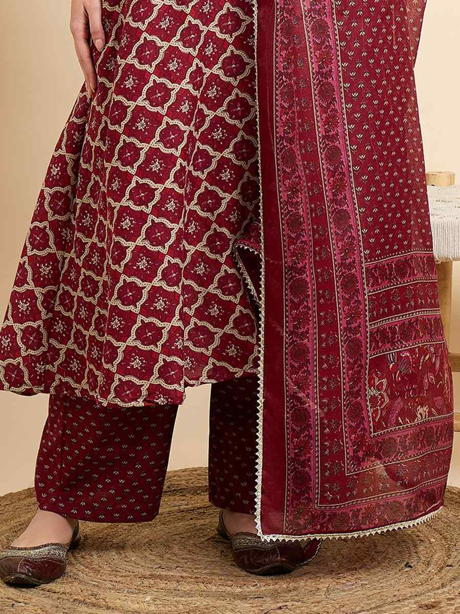 Maroon Viscose Printed Festival Casual Ready Pant Salwar Kameez