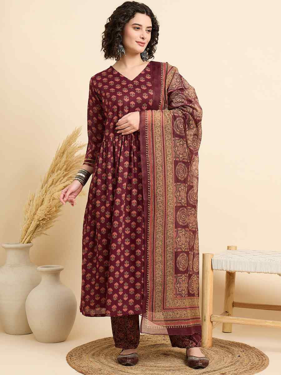 Maroon Viscose Printed Festival Casual Ready Pant Salwar Kameez