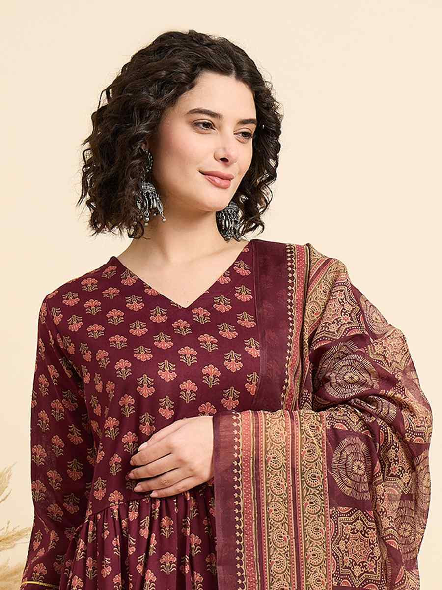 Maroon Viscose Printed Festival Casual Ready Pant Salwar Kameez