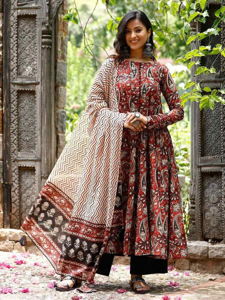 Image of Maroon Viscose Printed Party Wedding Festival Casual Ready Anarkali Salwar Kameez