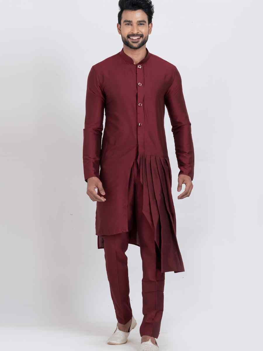 Maroon Viscose PS Embroidered Festival Wedding Kurta Pyjama Men039s Wear