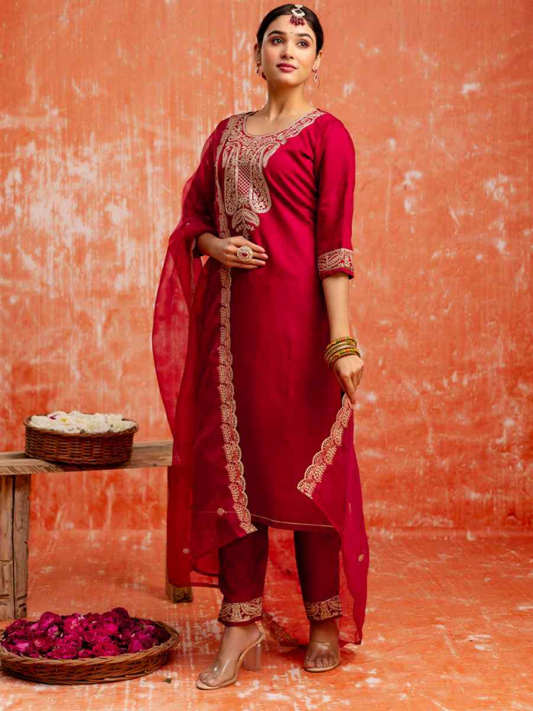 Maroon Viscose Rayon Embroidered Party Wedding Ready Pant Salwar Kameez