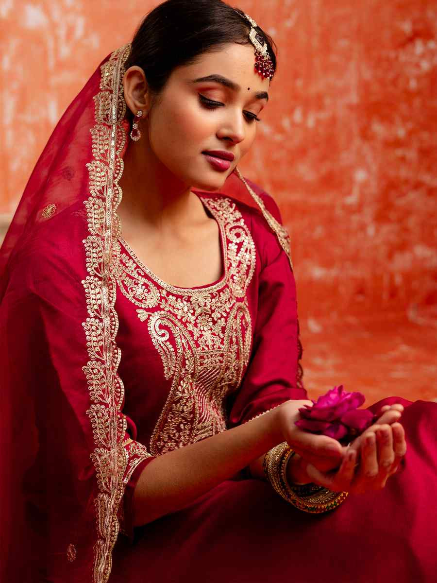 Maroon Viscose Rayon Embroidered Party Wedding Ready Pant Salwar Kameez