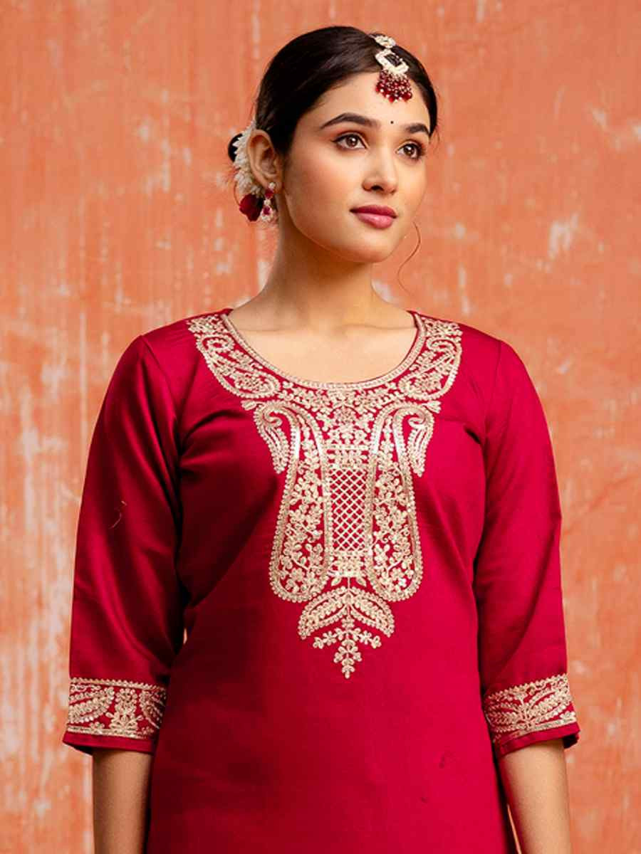 Maroon Viscose Rayon Embroidered Party Wedding Ready Pant Salwar Kameez