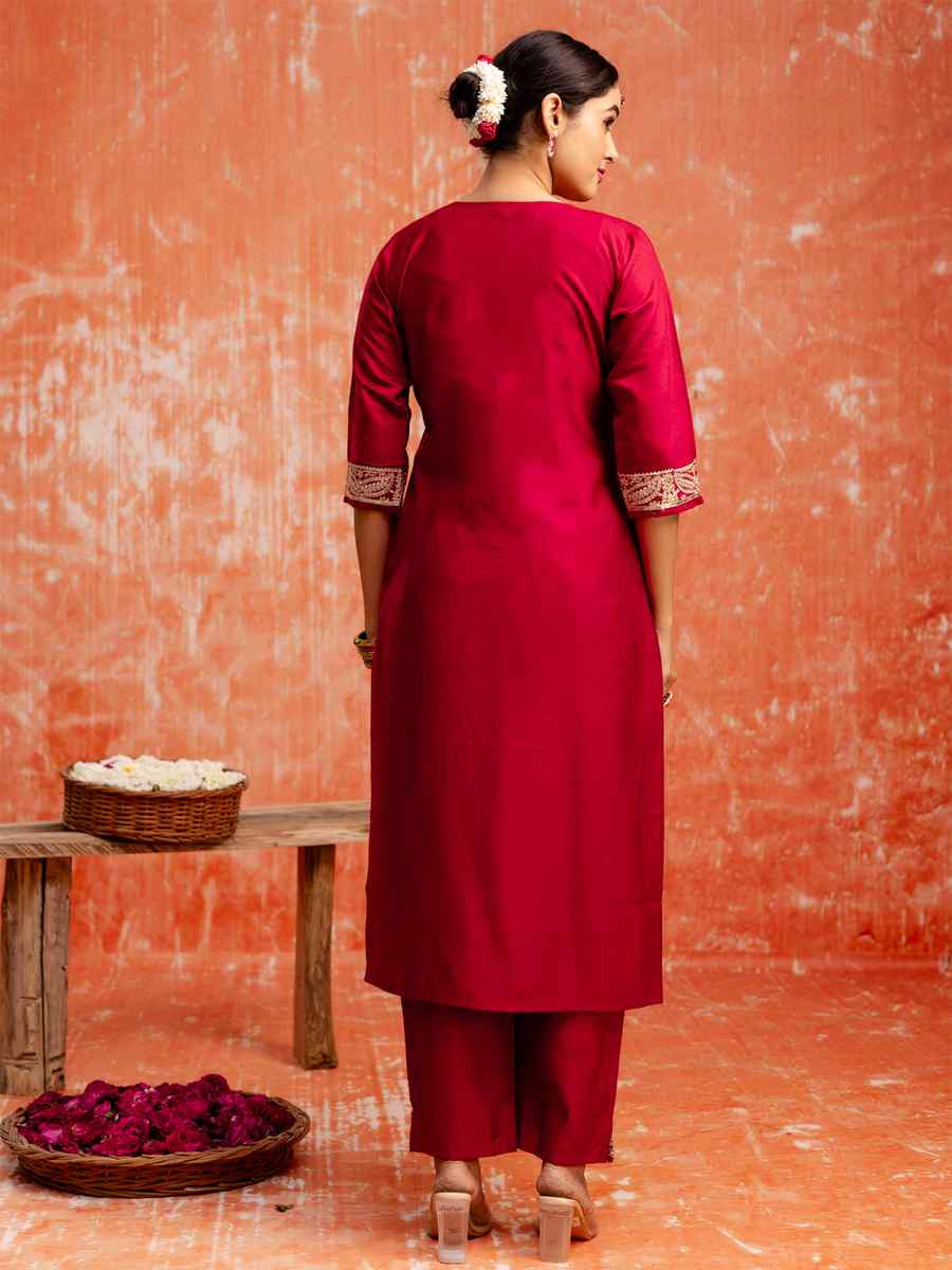 Maroon Viscose Rayon Embroidered Party Wedding Ready Pant Salwar Kameez