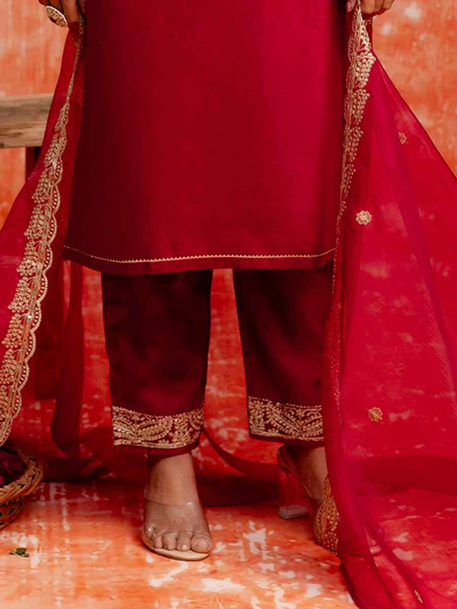 Maroon Viscose Rayon Embroidered Party Wedding Ready Pant Salwar Kameez