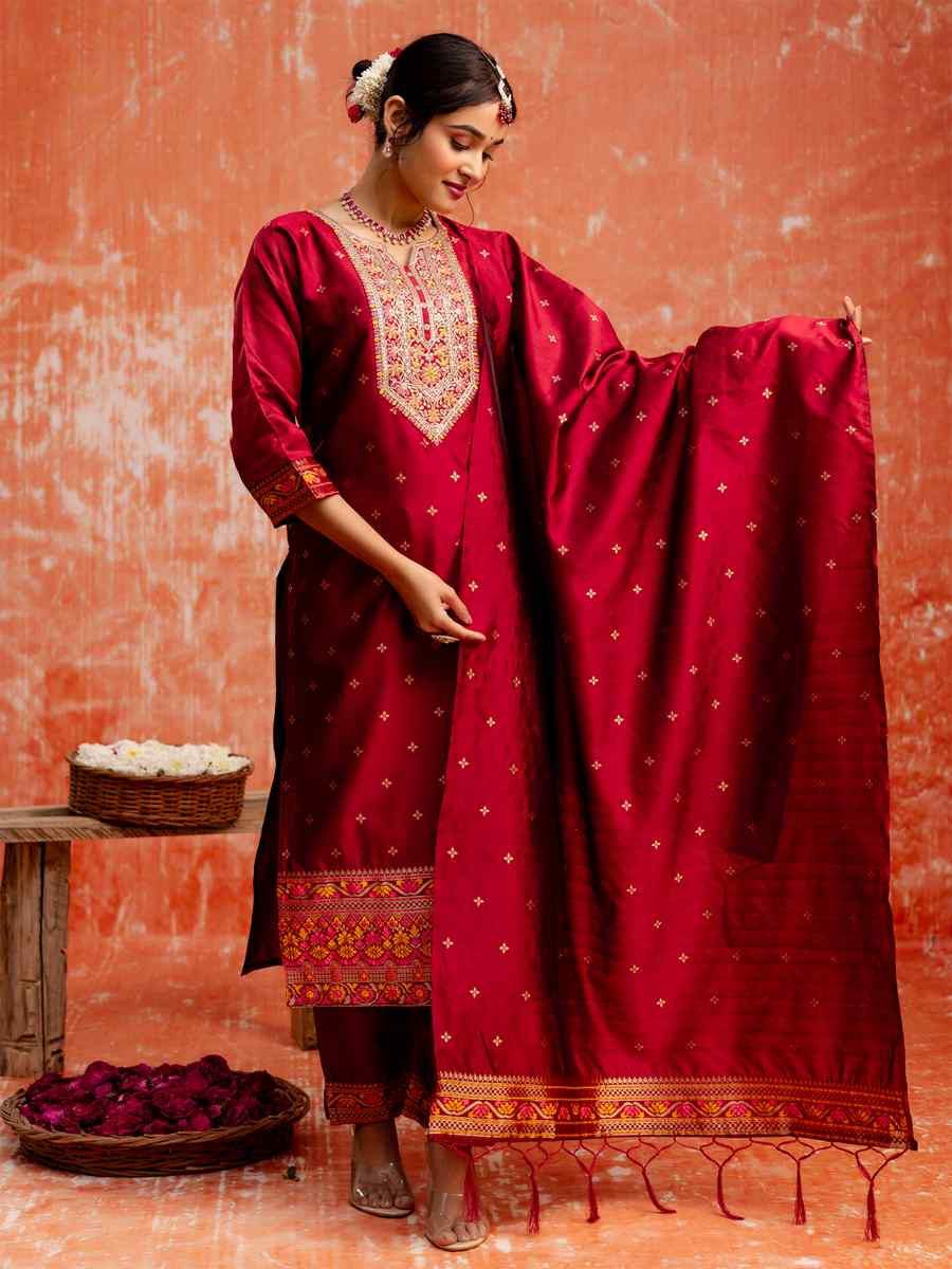 Maroon Viscose Rayon Embroidered Party Wedding Ready Pant Salwar Kameez