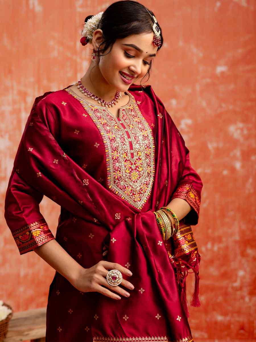 Maroon Viscose Rayon Embroidered Party Wedding Ready Pant Salwar Kameez