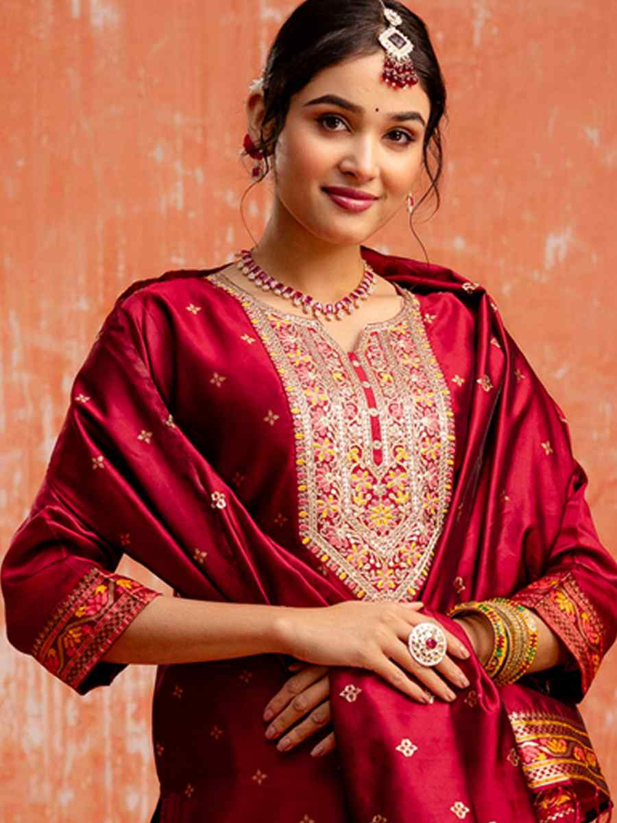 Maroon Viscose Rayon Embroidered Party Wedding Ready Pant Salwar Kameez