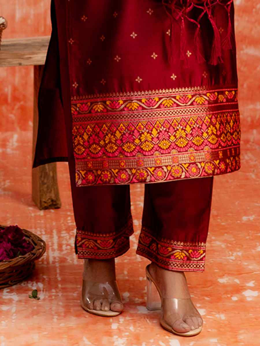 Maroon Viscose Rayon Embroidered Party Wedding Ready Pant Salwar Kameez