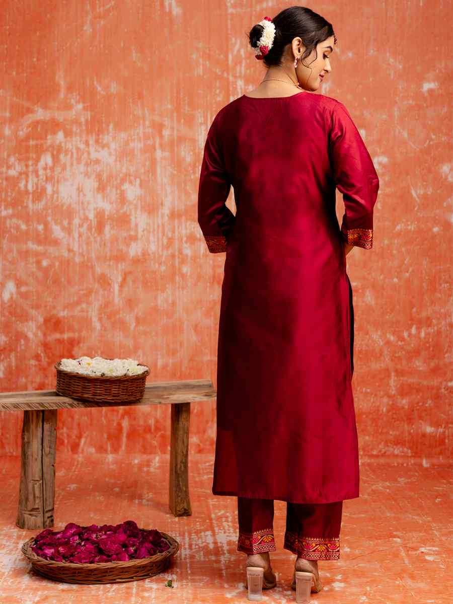 Maroon Viscose Rayon Embroidered Party Wedding Ready Pant Salwar Kameez