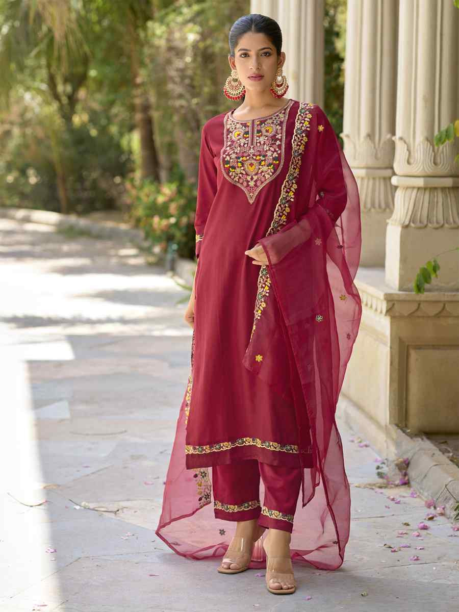 Maroon Viscose Rayon Embroidery Party Wedding Festival Casual Ready Pant Salwar Kameez