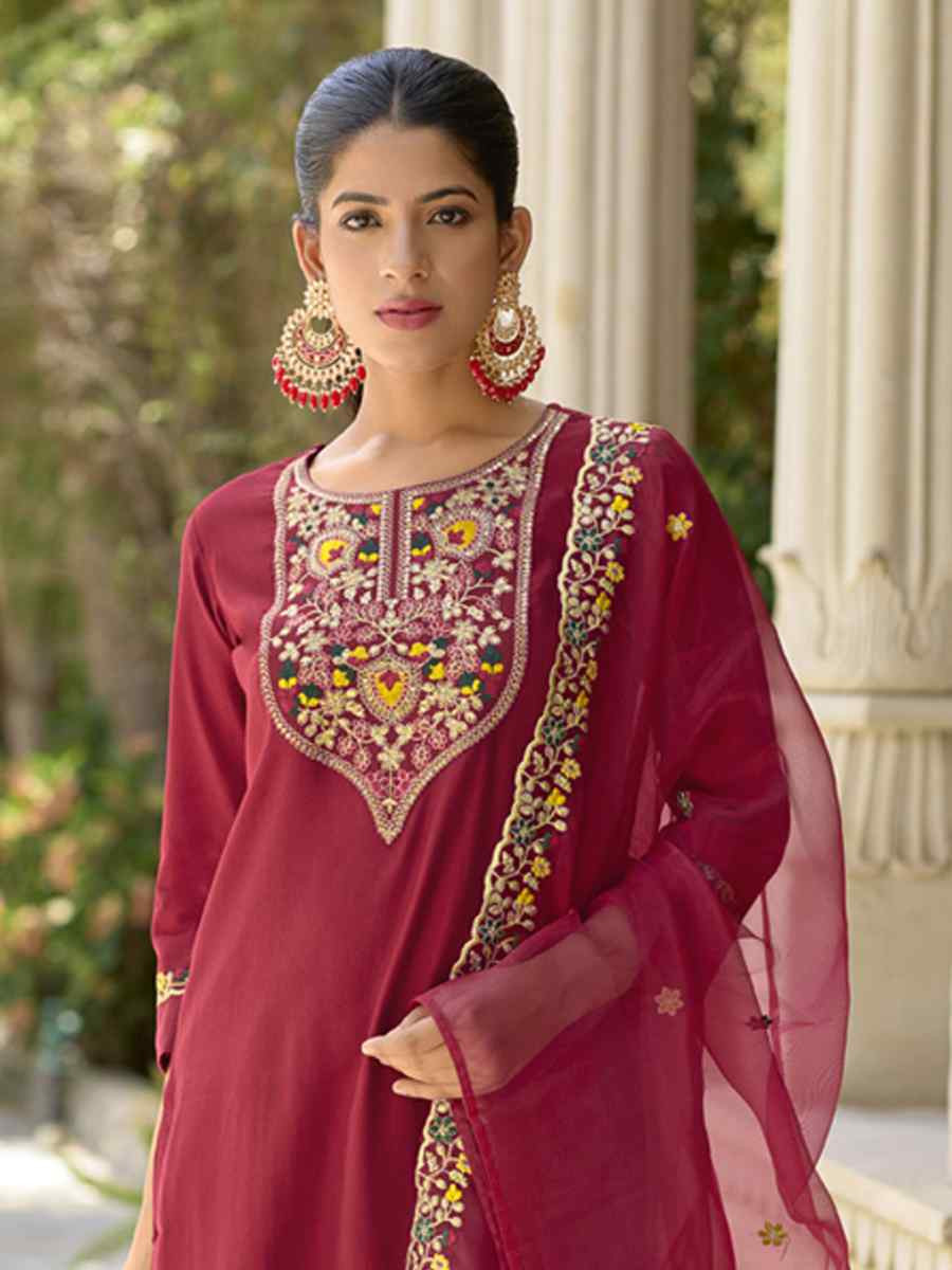 Maroon Viscose Rayon Embroidery Party Wedding Festival Casual Ready Pant Salwar Kameez