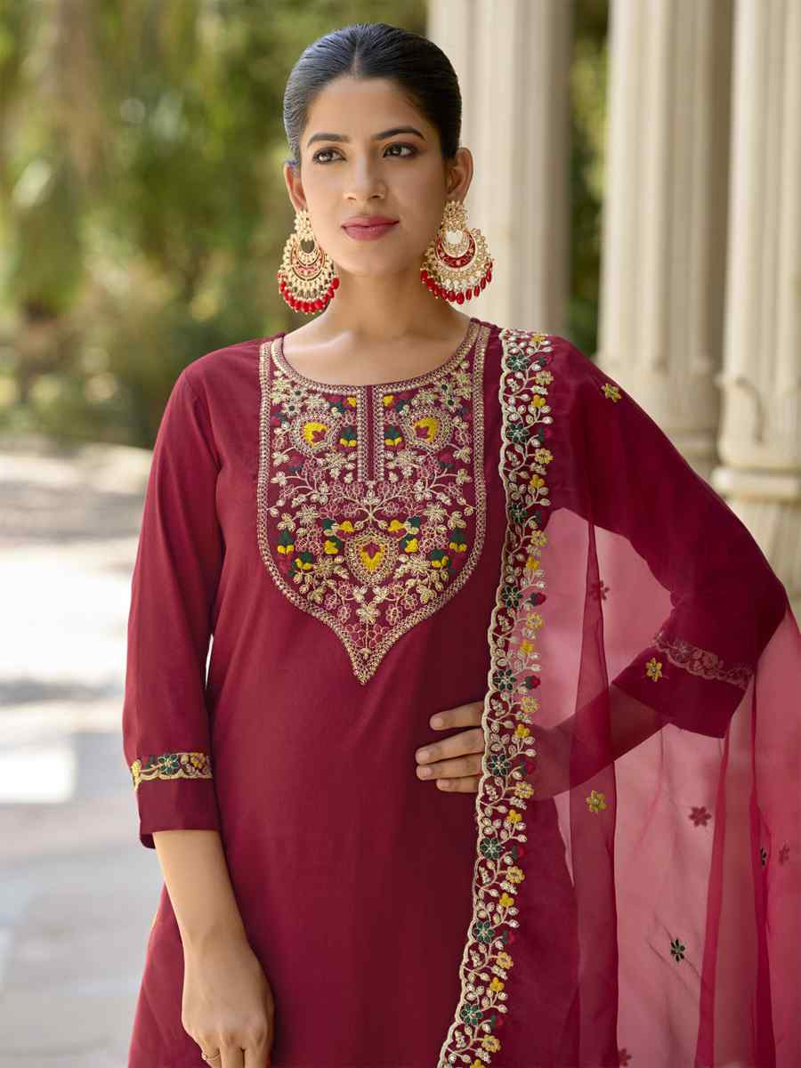 Maroon Viscose Rayon Embroidery Party Wedding Festival Casual Ready Pant Salwar Kameez