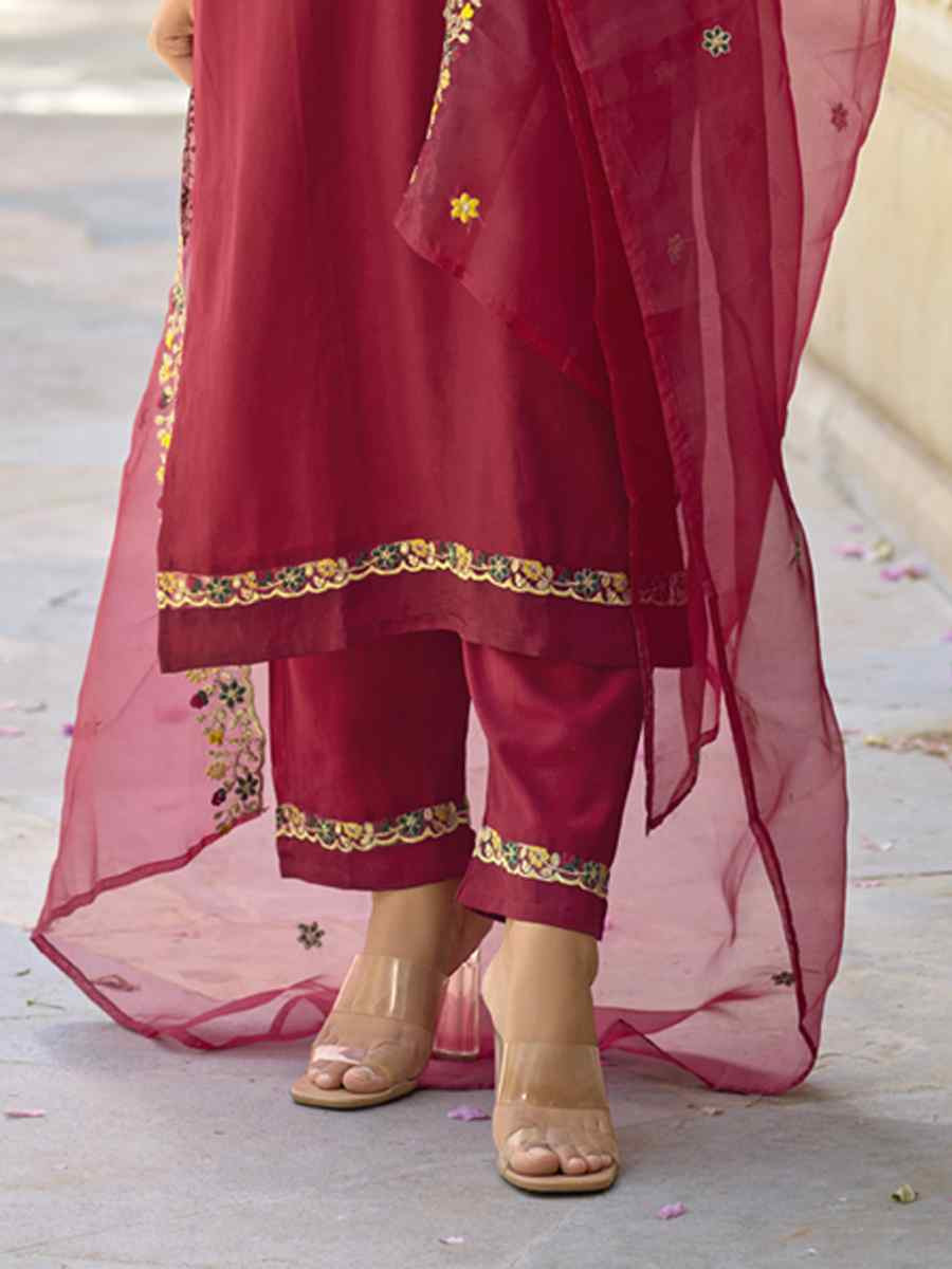 Maroon Viscose Rayon Embroidery Party Wedding Festival Casual Ready Pant Salwar Kameez