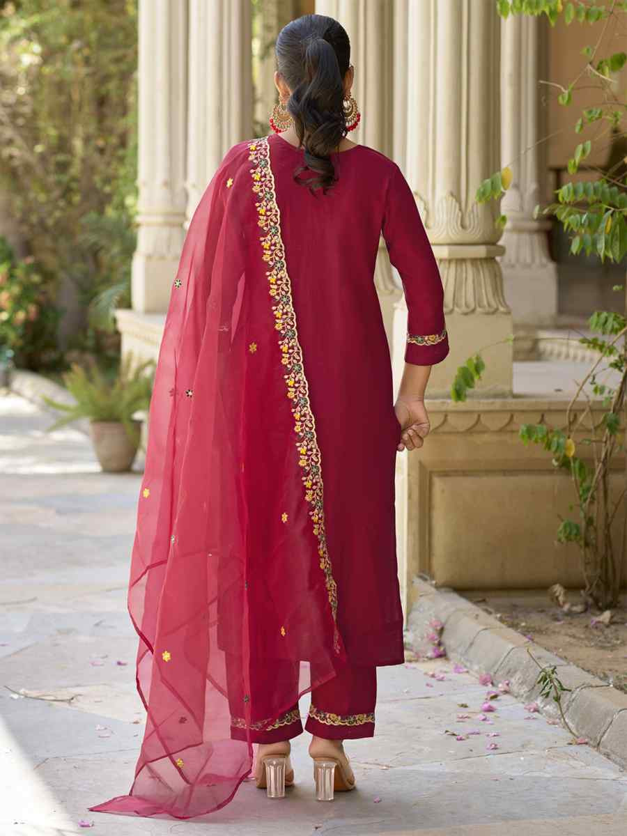 Maroon Viscose Rayon Embroidery Party Wedding Festival Casual Ready Pant Salwar Kameez