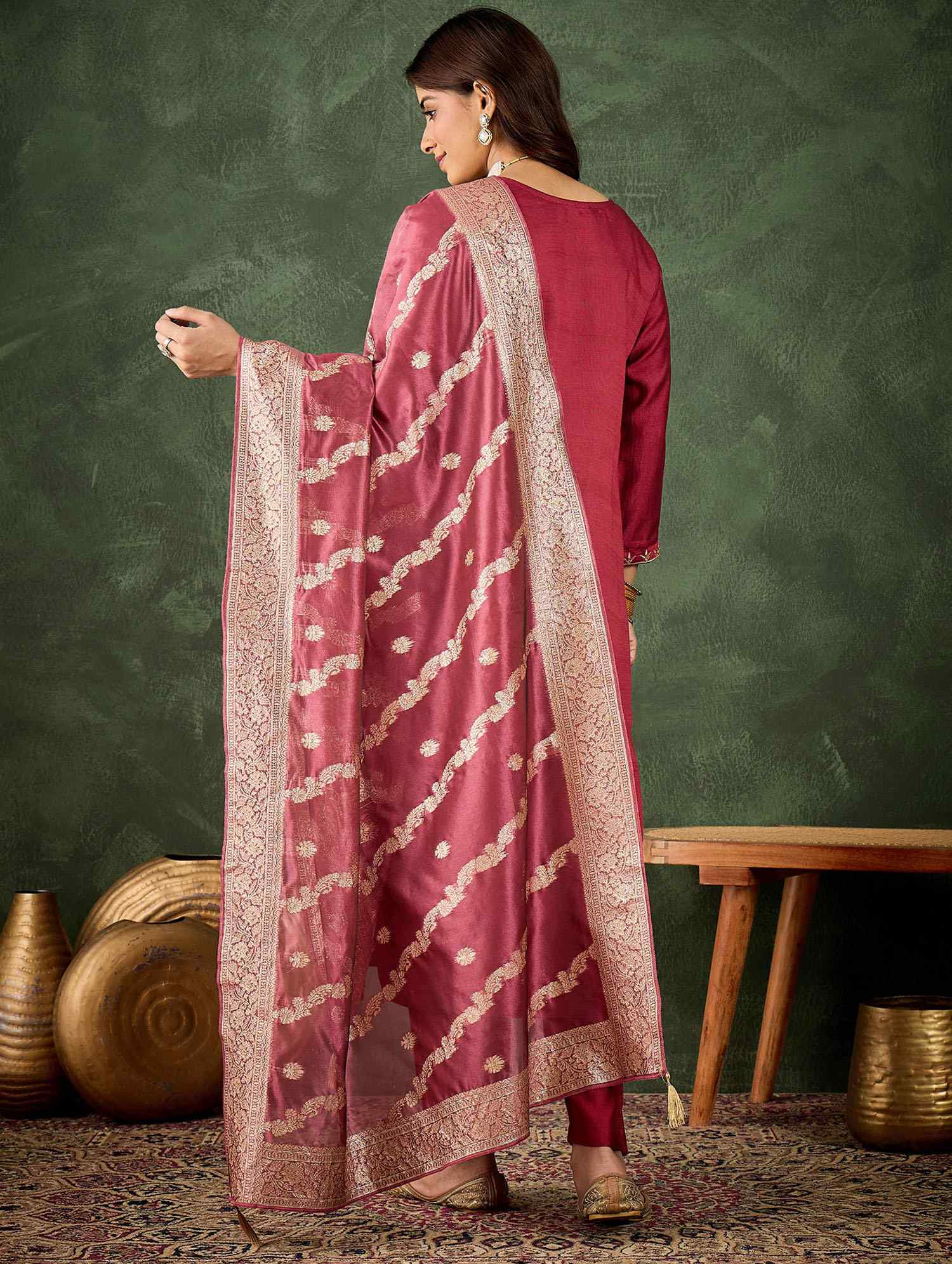 Maroon Viscose Rayon Embroidery Party Wedding Festival Casual Ready Pant Salwar Kameez