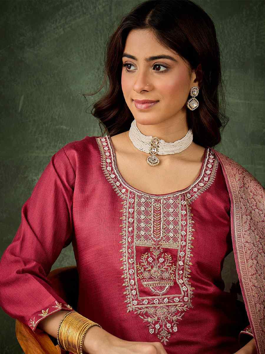 Maroon Viscose Rayon Embroidery Party Wedding Festival Casual Ready Pant Salwar Kameez