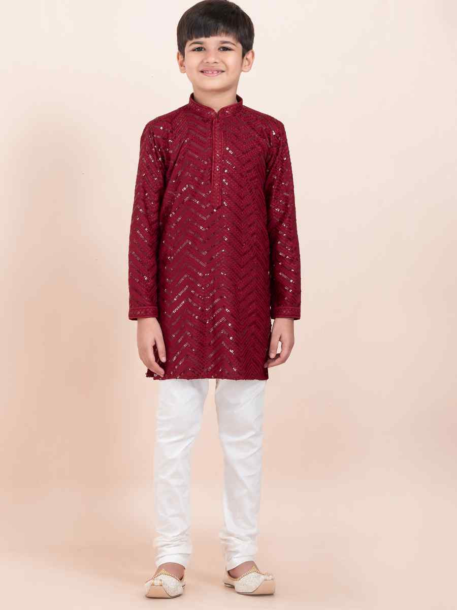 Maroon Viscose RayonEmbroidered Festival Traditional Kurta Pyjama Boys Wear