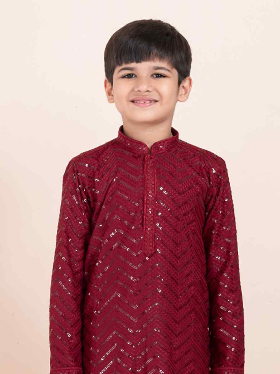 Maroon Viscose RayonEmbroidered Festival Traditional Kurta Pyjama Boys Wear