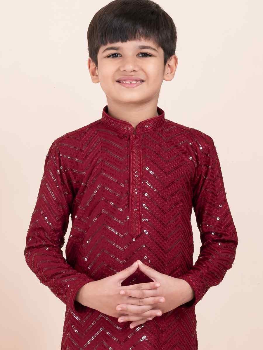 Maroon Viscose RayonEmbroidered Festival Traditional Kurta Pyjama Boys Wear