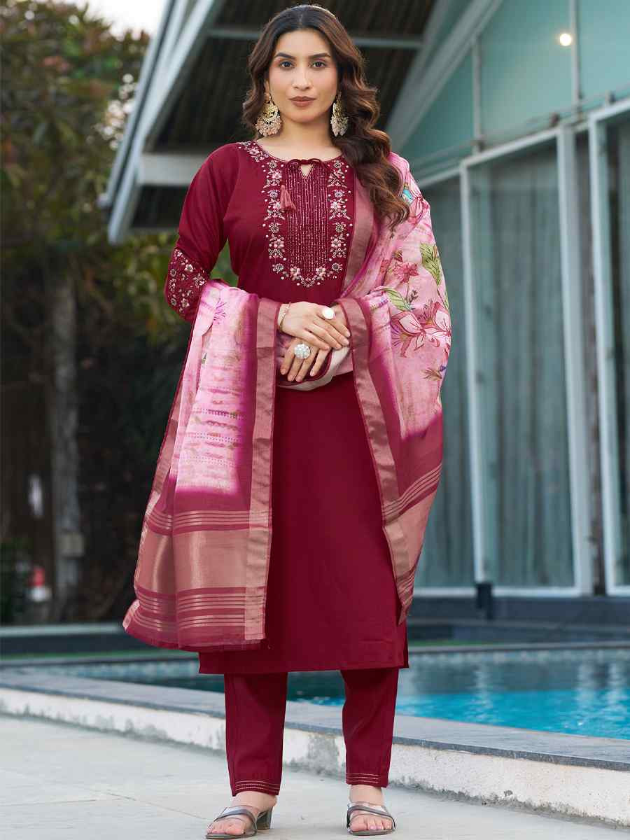 Maroon Viscose Silk Embroidered Festival Casual Ready Pant Salwar Kameez