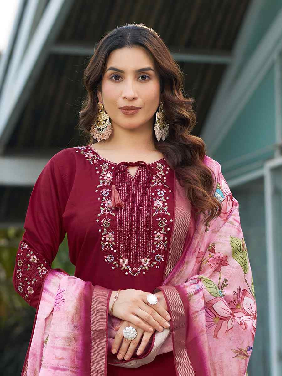 Maroon Viscose Silk Embroidered Festival Casual Ready Pant Salwar Kameez