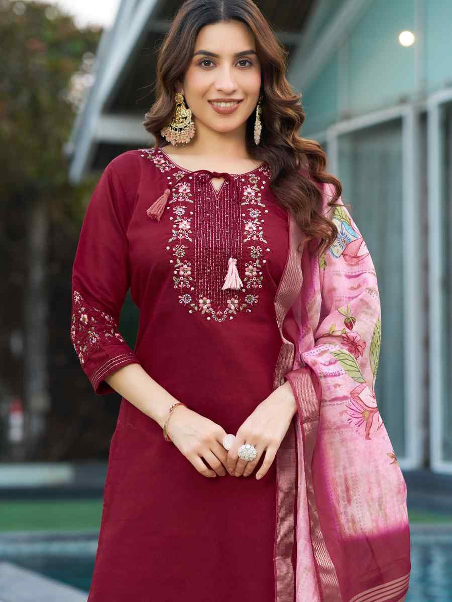 Maroon Viscose Silk Embroidered Festival Casual Ready Pant Salwar Kameez