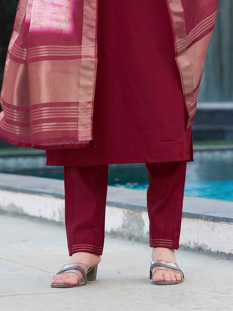 Maroon Viscose Silk Embroidered Festival Casual Ready Pant Salwar Kameez