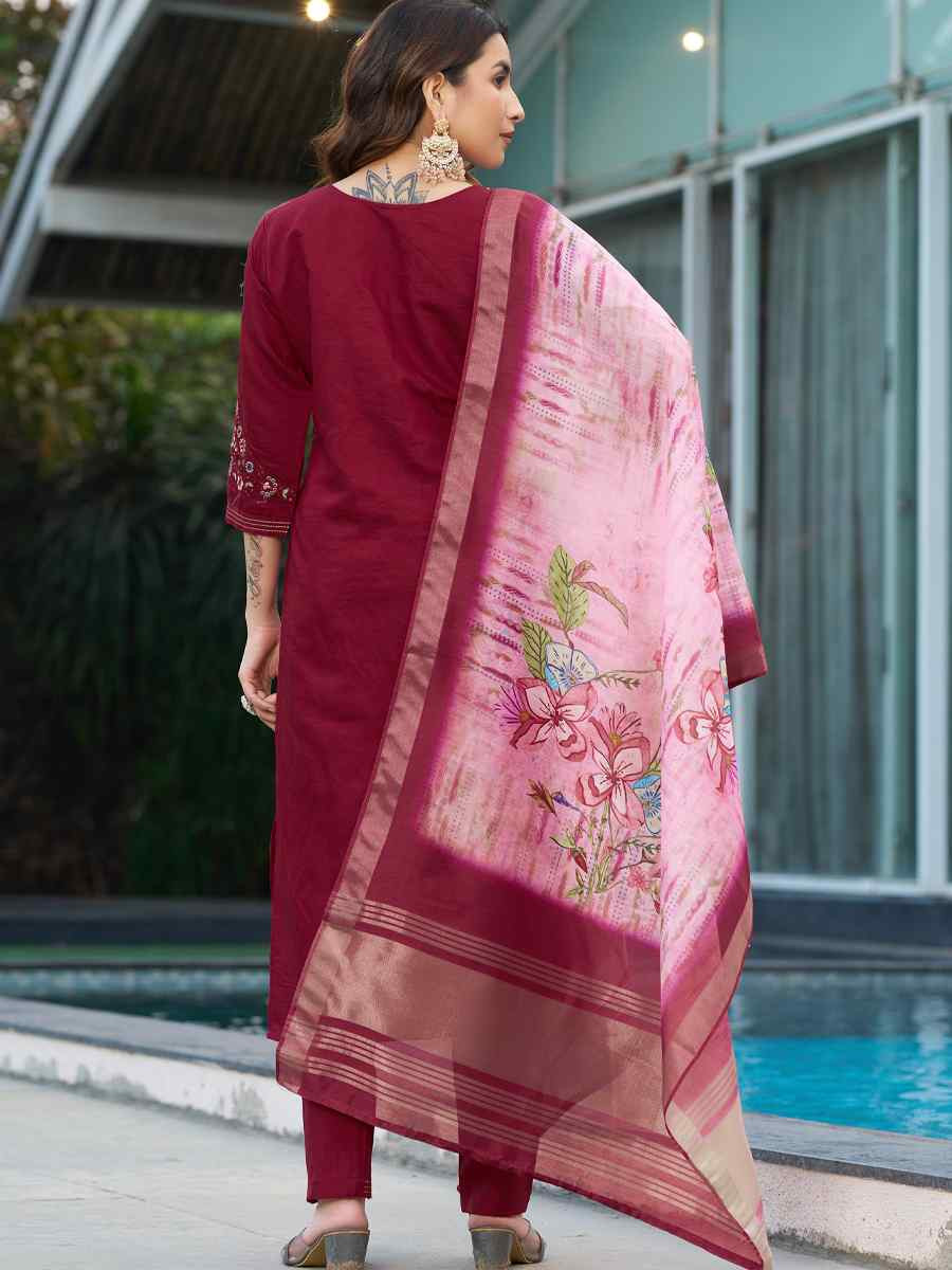 Maroon Viscose Silk Embroidered Festival Casual Ready Pant Salwar Kameez