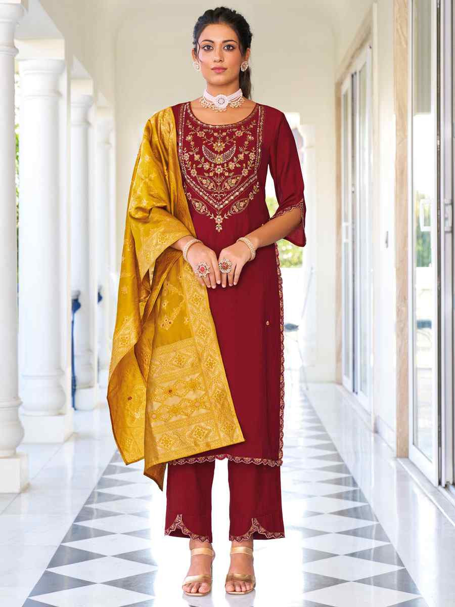 Maroon Viscose Silk Embroidery Party Wedding Festival Casual Ready Pant Salwar Kameez